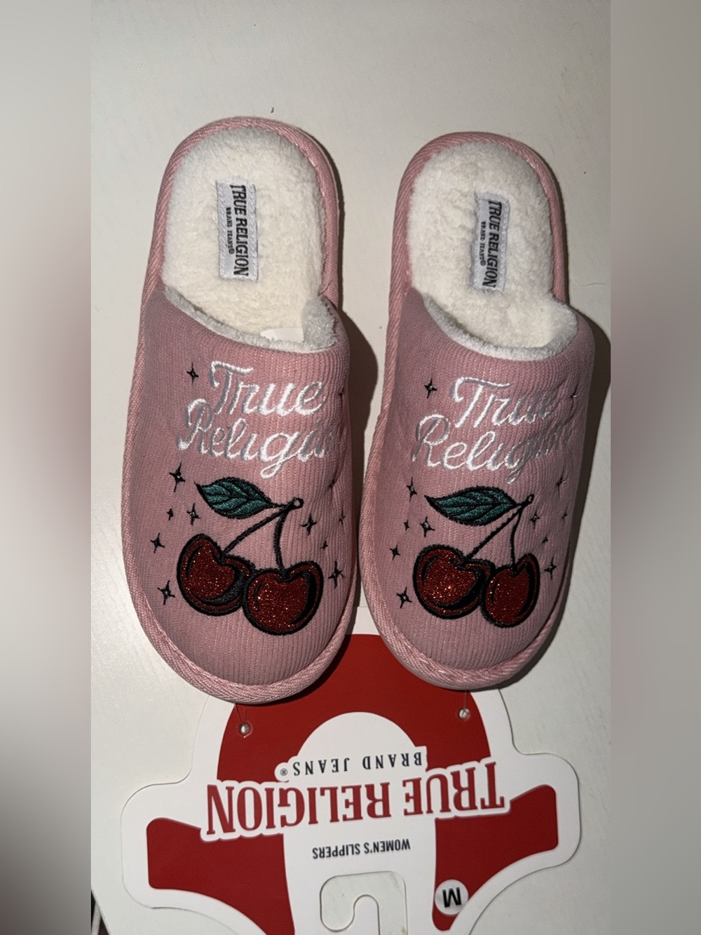 True Religion woman’s Pink Cherry Slip-On Slippers